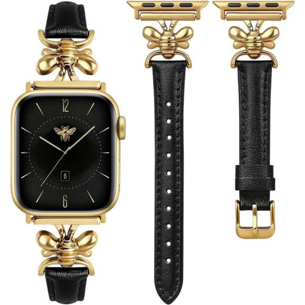 NEW Slim Black Gold Leather Apple Watch band